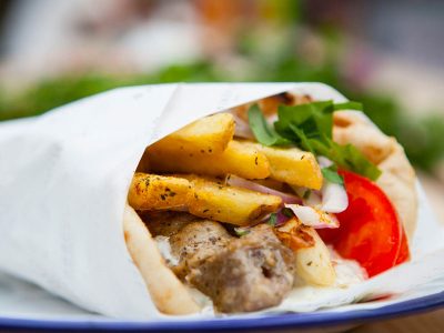 Pork or chicken souvlaki wrap